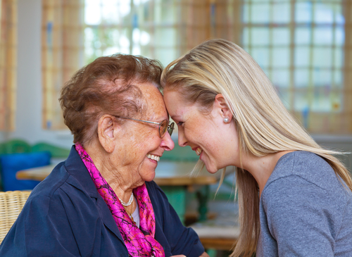 grandmother, older woman, laughing, talking