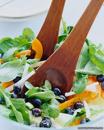 summer salad, blueberries, arugula, orange bell pepper, jicama, honeydew