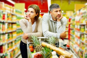 man, woman, food shopping, unhappy