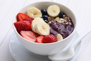 acai bowl, bananas, strawberries, granola, fruit and acai bowl