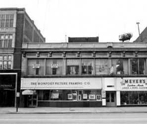 The Adams Building, a two-story commercial building on the south side of Euclid Ave. in Playhouse Square, location of Meyer's Custom Tailoring, and the Bonfoey Co. 1965. Courtesy of The Michael Schwartz at Cleveland State University.