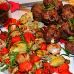 Grilled Fontina-Stuffed Meatballs & Veggie Kabobs