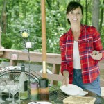 woman, outdoor party, setting the table