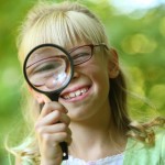 child, girl, magnifying glass, searching, looking
