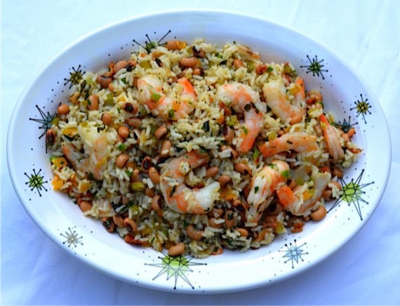 shrimp, rice, bacon, black-eyed peas, lemon, pepper, basil, parsley