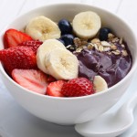 acai bowl, bananas, strawberries, granola, fruit and acai bowl