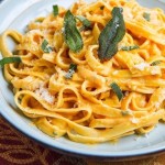 Pumpkin Goat Cheese Fettuccine Alfredo with Crispy Fried Sage